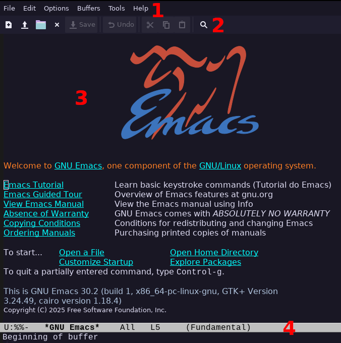 "A tela inicial do GNU Emacs."